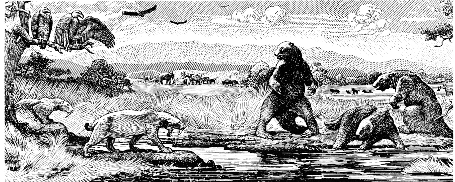 An illustration of ancient, powerful animals like mammoths and saber-toothed cats struggling as they get trapped in a dark, viscous tar pit.
